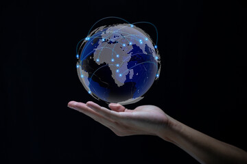 shrink the whole world in hand with technology, metaverse networks, and the Internet or social media..