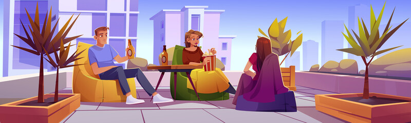 Friends relax at rooftop or home terrace with cityscape view. People resting on open roof top patio or veranda sitting on chairs at table with popcorn, beer and blankets, Cartoon vector illustration