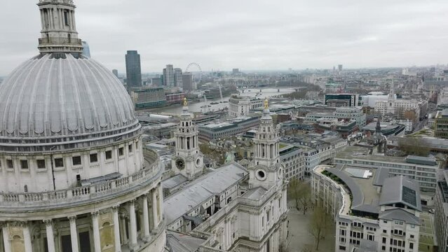 Facade Of St. Paul's Cathedral Dome With The Cityscape Of London In United Kingdom. Aerial Shot