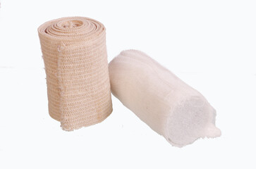 Elastic tourniquet and gauze bandage.Isolated on white.