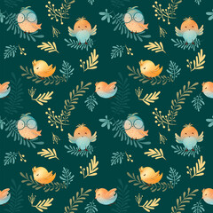 Watercolor Colorful seamless floral pattern with abstract birds, flowers, leaves and berries. Print, textile or wallpapers with design abstract elements 