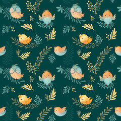 Watercolor Colorful seamless floral pattern with abstract birds, flowers, leaves and berries. Print, textile or wallpapers with design abstract elements 