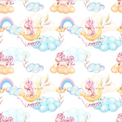 Watercolor unicorns pattern with rainbows and clouds. Cute watercolor texture. Baby unicorn seamless pattern