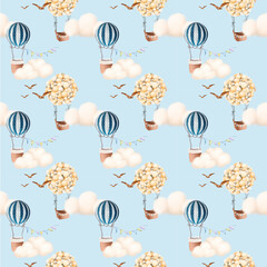 Seamless pattern on a sand-colored background. Cute balloon with a basket, clouds. Ideal for seamless printing on fabric. Clouds and dird blue sky seamless pattern