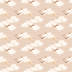 Watercolor baby shower pattern. White clouds and birds. For design, print or background.