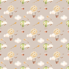 Seamless pattern on a sand-colored background. Cute balloon with a basket, clouds. Ideal for seamless printing on fabric. Clouds and dird blue sky seamless pattern