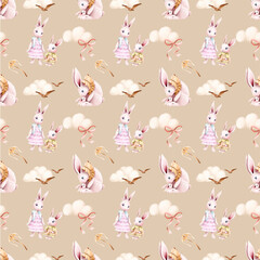 Seamless pattern on a sand-colored background. Cute bunnies and a balloon with a basket, clouds. Ideal for seamless printing on fabric. Mom and baby
