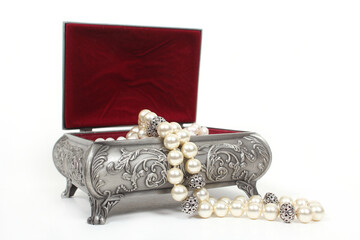 Jewelry Box With Pearl Necklace on White background