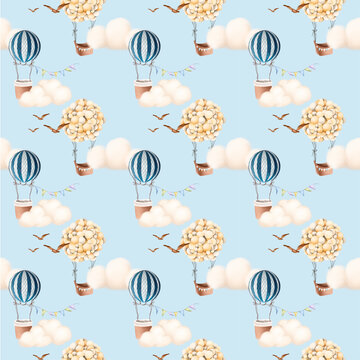 Seamless pattern on a sand-colored background. Cute balloon with a basket, clouds. Ideal for seamless printing on fabric. Clouds and dird blue sky seamless pattern