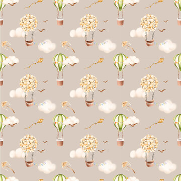 Seamless pattern on a sand-colored background. Cute balloon with a basket, clouds. Ideal for seamless printing on fabric. Clouds and dird blue sky seamless pattern