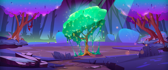 Fantasy landscape of magic forest and alien tree with green dripping slime. Vector cartoon fantastic illustration of unusual tree with sticky foliage on glade in mystic woods