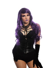 Woman in Black Corset With Purple Hair on White Background Burlesque Performer