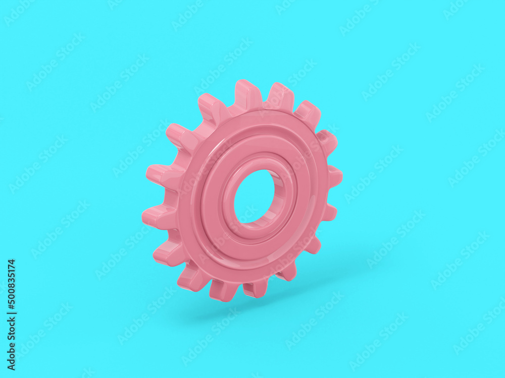 Poster pink single color cog on a blue monochrome background. minimalistic design object. 3d rendering icon