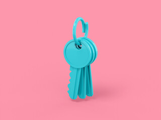 Pink mono color bunch of keys on a blue solid background. Minimalistic design object. 3d rendering icon ui ux interface element.