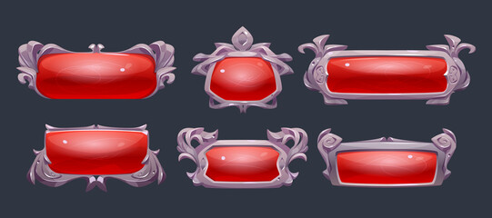 Game frames, medieval ui menu borders with silver rims and red glass glossy plaques. 2d buttons or banners elements, empty royal gui bars for rpg or arcade gamer panel interface, Cartoon vector set