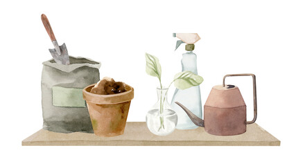 Girl watering plants - Hand painted watercolor illustration.