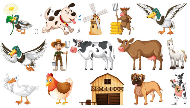 Farm animals and barn