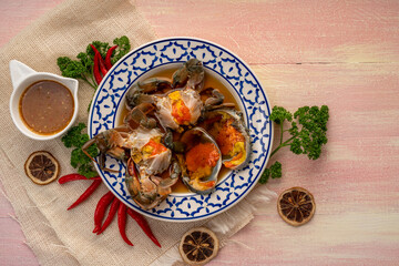 Korean Soy Sauce Pickled Crab, Fresh raw crabs marinated in a mild soy sauce, Gejang Korean traditional food.