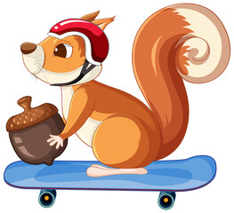 Cute squirrel holding nut on skateboard