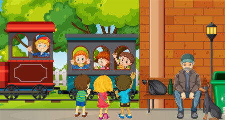 Many kids riding on the train