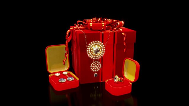 bijouterie gift - red box with goldish ring, earrings and chaplet with diamonds, isolated