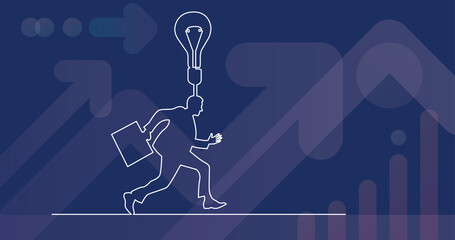 continuous line drawing of businessman running with brilliant idea