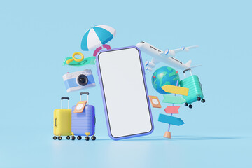 Suitcase camera and flight plane. travel online booking service on smartphone.Tourism trip planning world tour, leisure touring holiday summertime concept. banner, 3d render illustration - obrazy, fototapety, plakaty