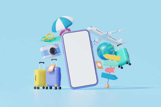 Suitcase camera and flight plane. travel online booking service on smartphone.Tourism trip planning world tour, leisure touring holiday summertime concept. banner, 3d render illustration