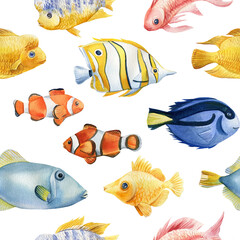 Naklejka premium Seamless pattern with fish. Watercolor illustration. Nautical background for wallpaper, textile design, covers, paper