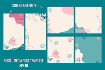 A set of abstract social media post template in doodle style. Posts and stories for Instagram. Vector illustration.