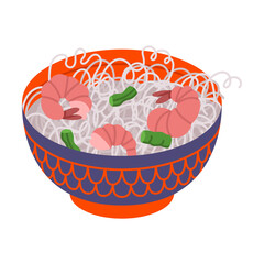 Bowl of Chinese Glass Noodles with Shrimp as Wok Asian Food Serving Vector Illustration