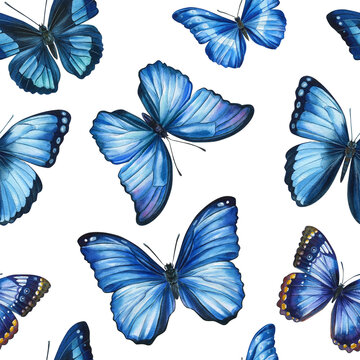 Vintage blue butterflies. Watercolor Seamless pattern