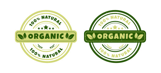 Organic and natural products sticker, lable, badge. Ecology icon. Logo template with green leaves, stars for eco friendly products. Vector illustration.