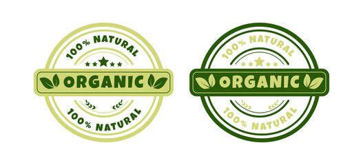 Organic and natural products sticker, lable, badge. Ecology icon. Logo template with green leaves, stars for eco friendly products. Vector illustration.