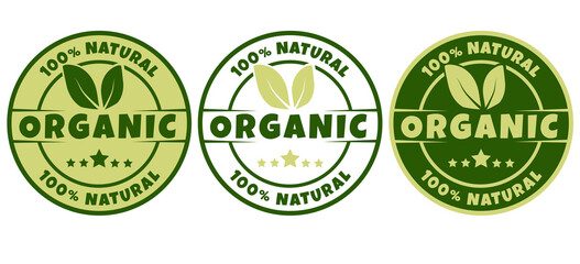 Organic and natural products sticker, lable, badge and logo. Ecology icon. Logo template with green leaves, stars for eco friendly products. Vector illustration.