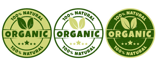 Organic and natural products sticker, lable, badge and logo. Ecology icon. Logo template with green leaves, stars for eco friendly products. Vector illustration with grunge texture