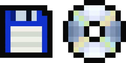 Pixel floppy and CD or DVD disc - isolated 8 bit vectors