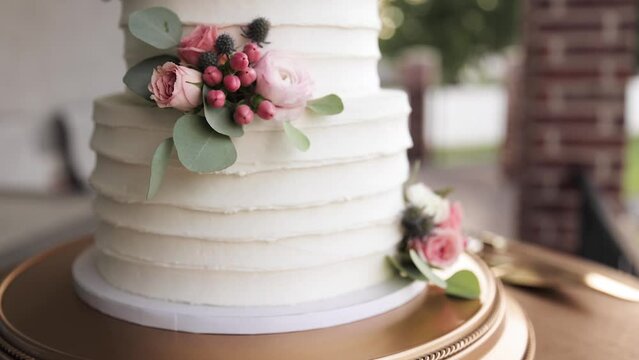 Small, Round, Layered Wedding Cake on a Table Decorated with White Frosting and Pink Flowers 1080p 60fps
