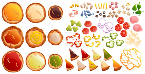 Pizza constructor, food creator with bases, toppings and ingredients for book of recipes, cooking class, Italian cafe or pizzeria menu design. Vegetable, cheese, sausages, seafood Cartoon vector set