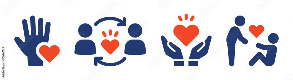 Poster help and support icon set. hand with love symbol vector illustration.