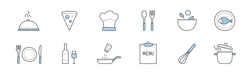 Set of cooking and chef restaurant doodle icons. Menu elements cloche lid with meat, pizza slice, toque and fork with spoon. Bowl, plate with food, bottle and wineglass, whisk, pan Linear vector signs - obrazy, fototapety, plakaty
