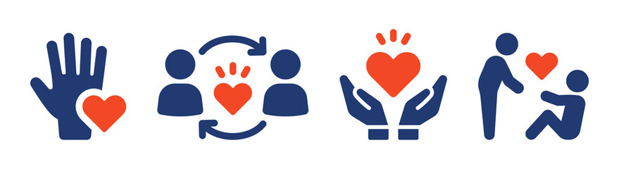Help and support icon set. Hand with love symbol vector illustration.