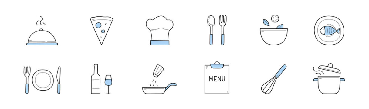 Set of cooking and chef restaurant doodle icons. Menu elements cloche lid with meat, pizza slice, toque and fork with spoon. Bowl, plate with food, bottle and wineglass, whisk, pan Linear vector signs