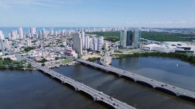 Aerial video of the Capibaribe River and Recife skyline, Brazil