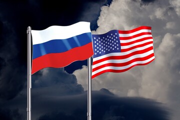Flag usa and Russia on dark sky background
