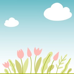 Fototapeta na wymiar Tulip flowers and leaves are growing under the clouds. Nice weather and blue skies. Vector illustration for card or background.