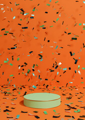 Neon orange, bright red 3D rendering product display pedestal stand anniversary products, celebration with confetti around podium with golden line for luxury products simple, minimal background