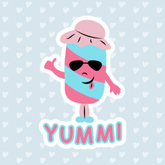 Ice cream character in sunglasses and a panama with the inscription yummy. Summer hand drawn sticker. Vector illustration.