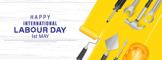 Labour day or international workers' day banner template design with Yellow safety hat and construction equipment.