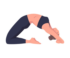 Young Woman Practicing Yoga Asana or Pose Stretching Body Vector Illustration